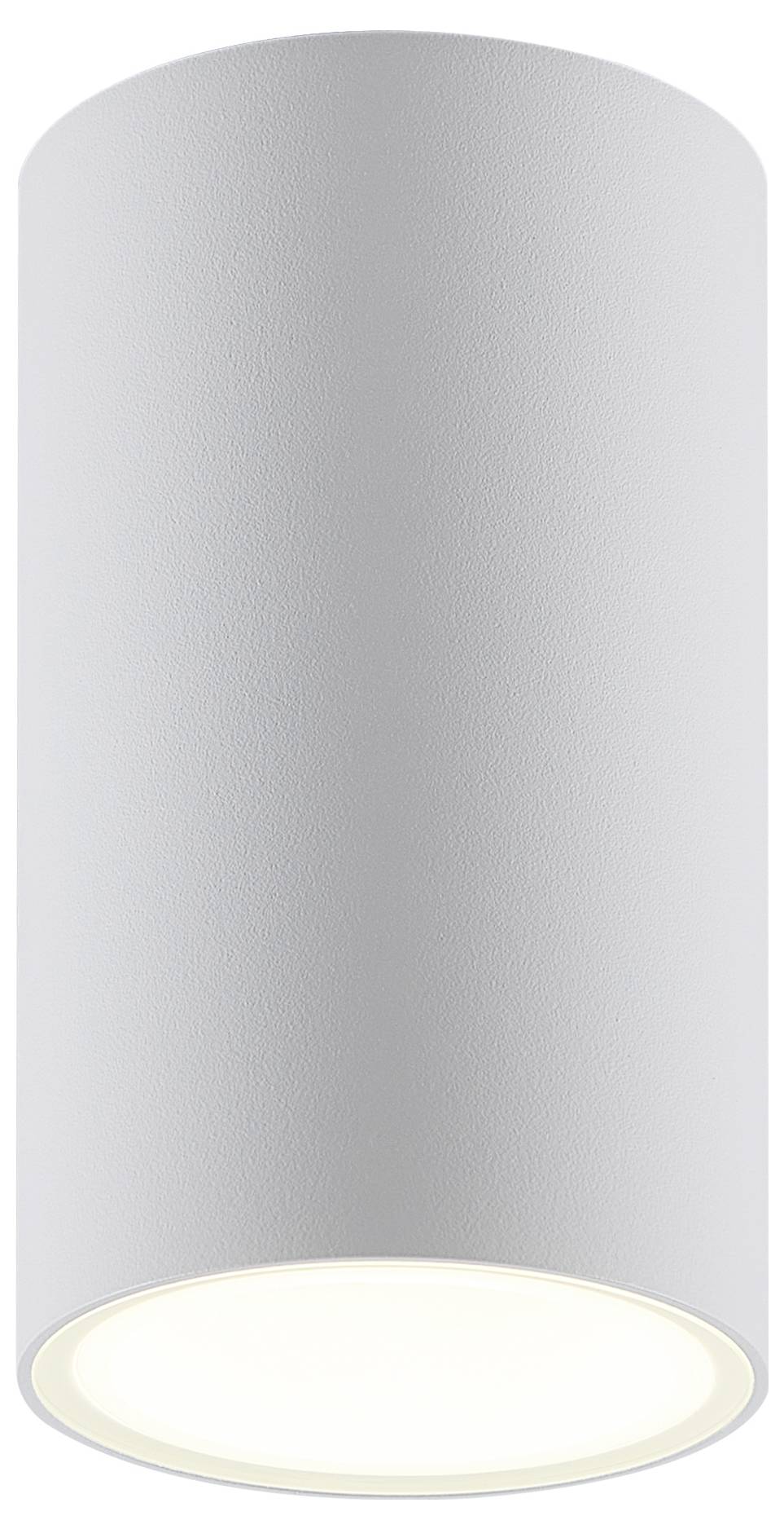 Ett cylindriskt, vitt takarmatur lyser nedåt. Minimalistisk design, lämplig för moderna interiörer.