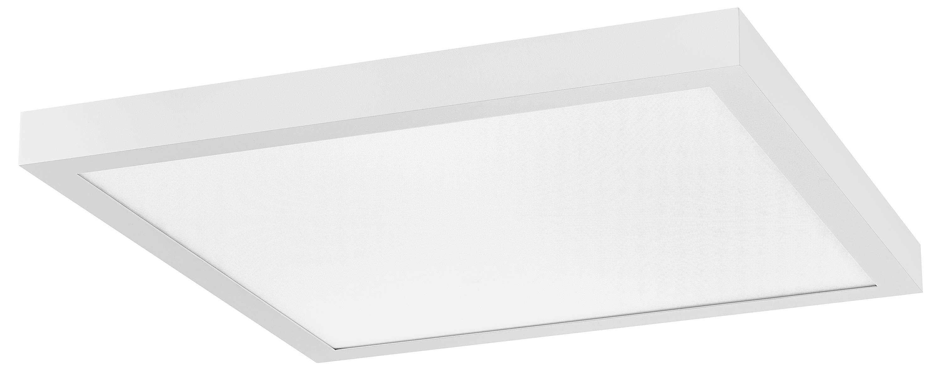 En kvadratisk LED-taklampa med vit ram, lämplig för moderna interiörer.
