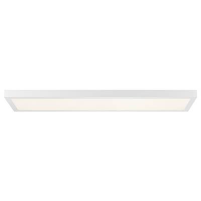 Rektangulär, platt LED-taklampa som lyser jämnt i en varmvit färgton och är diskret inramad i vitt.