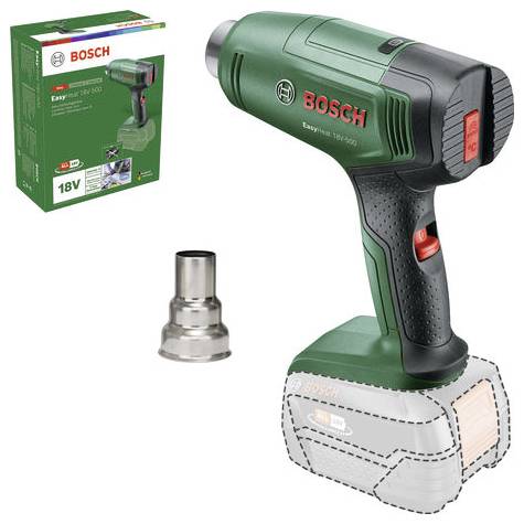 Bilden visar ett grönt Bosch EasyHeat 18V varmluftspistol med avtagbar munstycke, bredvid ligger den matchande förpackningen.