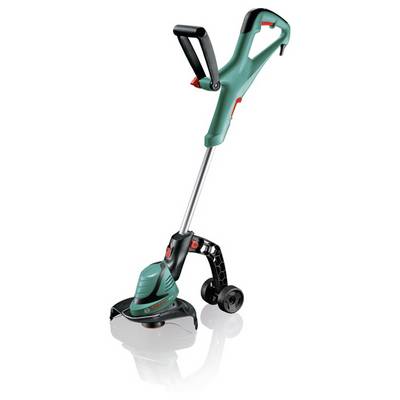 En grön och svart elektrisk grästrimmer med ergonomiskt handtag och hjul för enkel hantering.