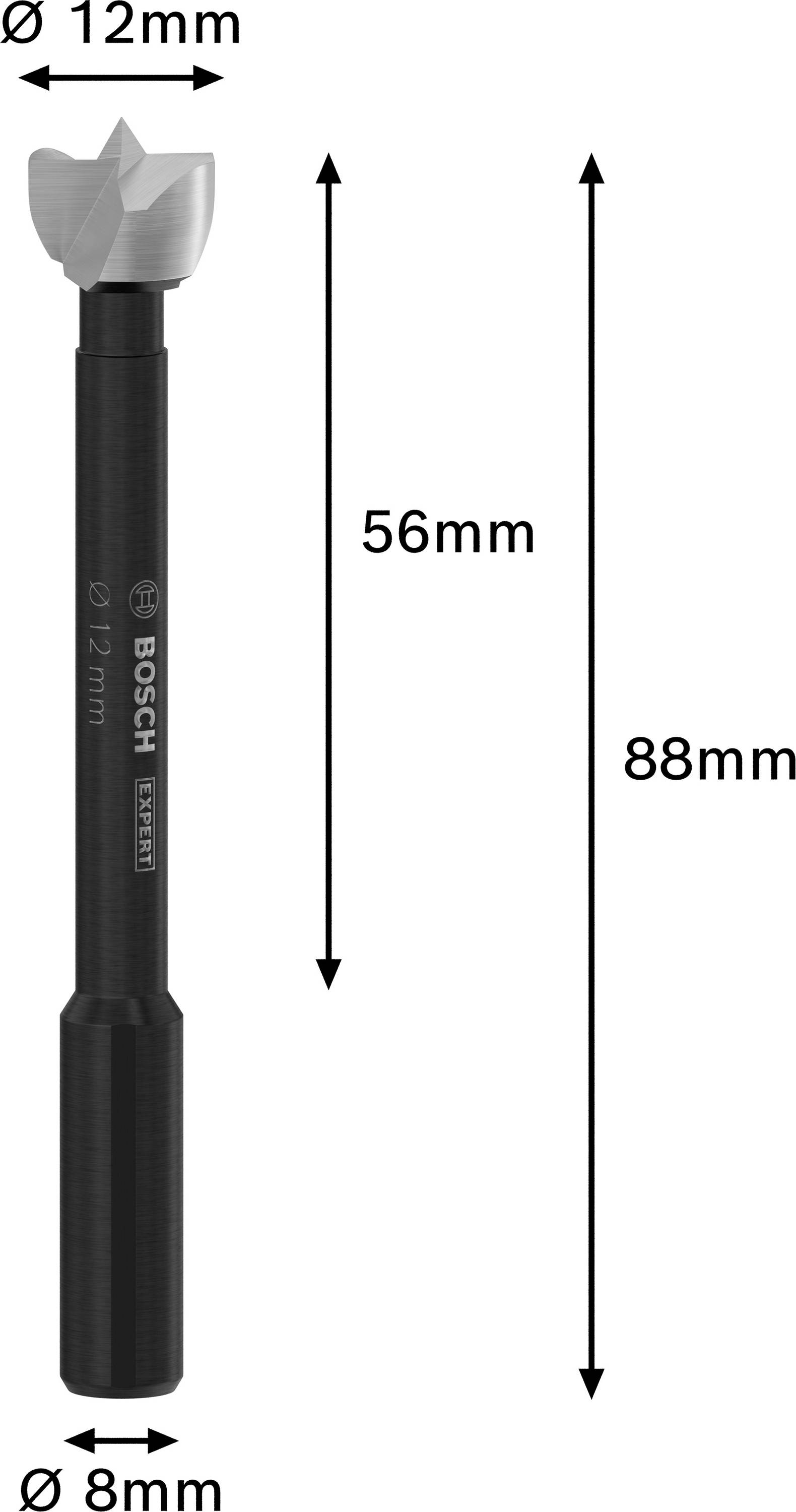 Bosch planfräs med 12 mm diameter, 88 mm total längd och 56 mm skaftlängd. Skaftdiametern är 8 mm.