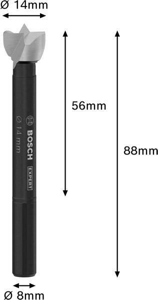 Avbildad är en borr från Bosch med följande mått: Längd 88 mm, spets Ø 14 mm, skaft Ø 8 mm, andra delen 56 mm.