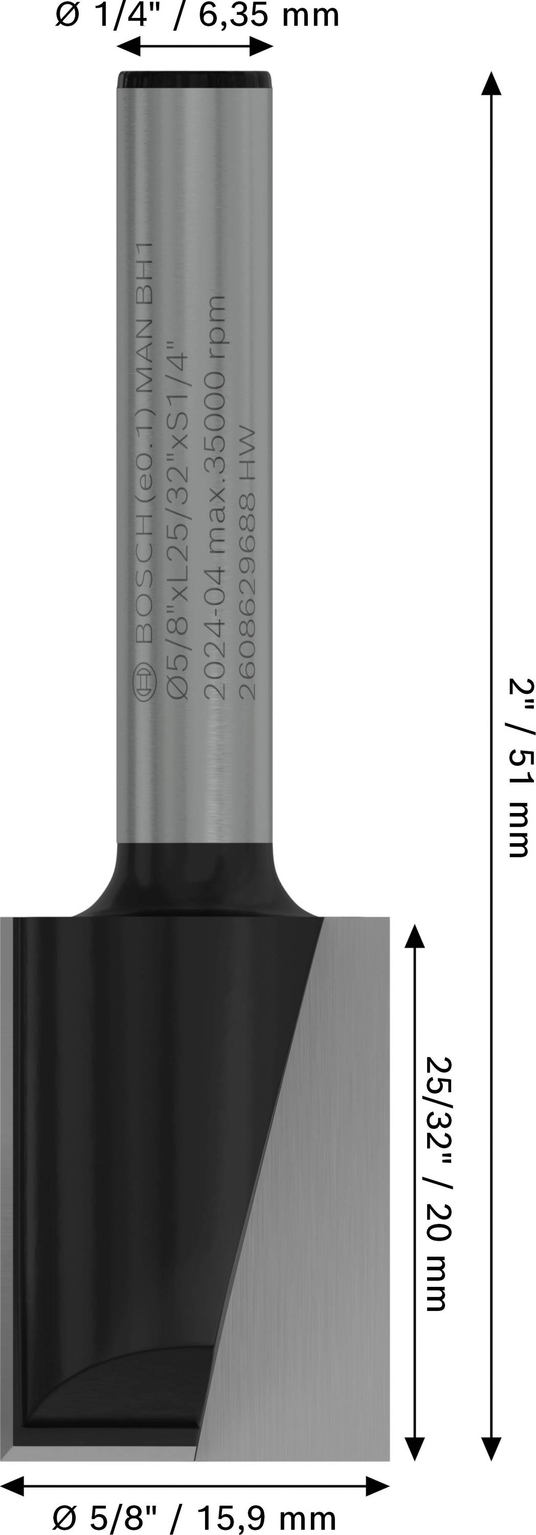 Teknisk ritning av en borr med mått: Längd 51 mm, diameter upptill 6,35 mm, nedtill 15,9 mm, skärdjup 20 mm.