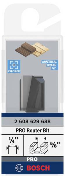 Förpackning för Bosch 'PRO Router Bit', kompatibel med universella märken, med dimensionella illustrationer och precisionsanvisning.
