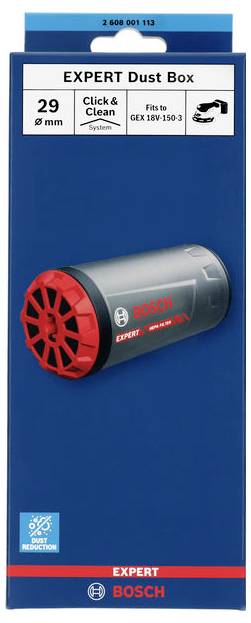 Förpackning för en Bosch EXPERT dammbehållare, 29 mm. Kompatibel med GEX 18V-150-3. Innehåller 'Click & Clean' system-logotyp.