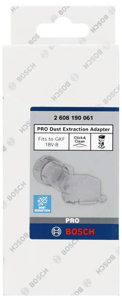 Bosch förpackning märkt 'PRO Dammextraktionsadapter' för GKF 18V-8. Bild av en adapter och Click&Clean-logotyp.