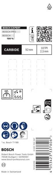 En QR-kod för produktinformation, symboler för säkerhetsanvisningar och texten 'Bosch Expert', följt av tekniska detaljer för sågbladen, inklusive '92 mm' och '10 TPI'.