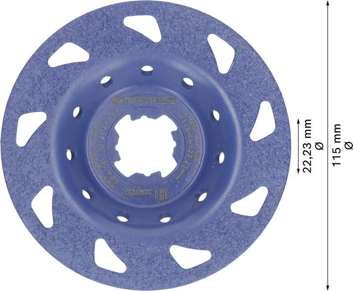 Blå slipskiva med rund, sågad form. Diameter 115 mm, kärnhål 22,23 mm.