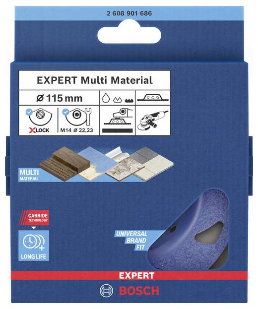 Förpackningen visar en 'EXPERT Multi Material' kapskiva från Bosch, kompatibel med olika material och verktyg.