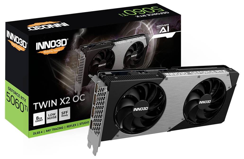 Grafikkort RTX 3060 Ti Twin X2 OC från Inno3D framför sin förpackning. Innehåller 8 GB, DLSS 4, Ray Tracing och låg ljudnivå.