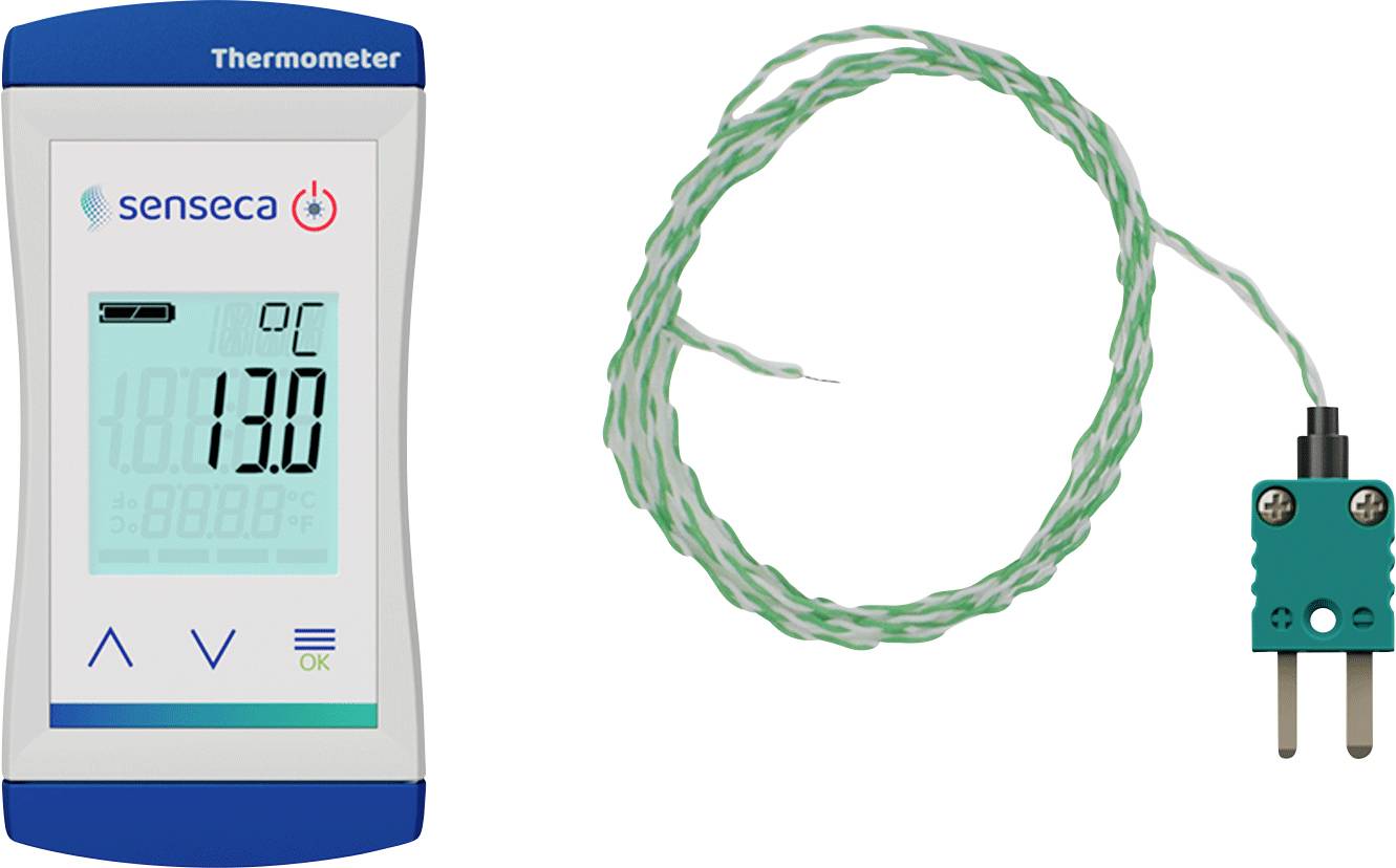 Digital termometer som visar '13,0°C' med en grön trådprob ansluten.