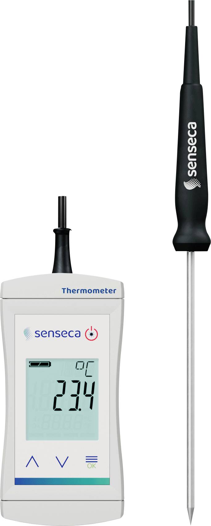 Digital termometer som visar 23,4°C med en givare ansluten, där båda enheterna har 'senseca' varumärket.