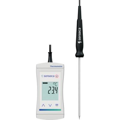 Digital termometer som visar 23,4°C med en givare ansluten, där båda enheterna har 'senseca' varumärket.