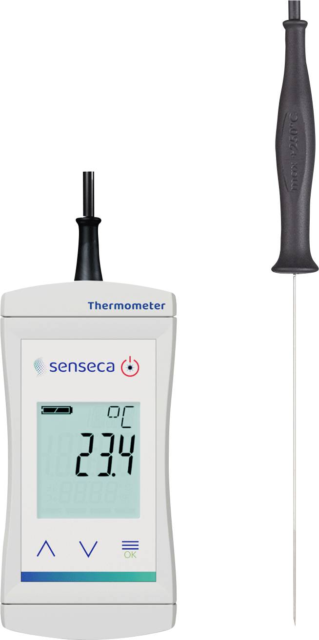 Handhållen termometer med temperaturvisning på 23,4 grader Celsius och givare.