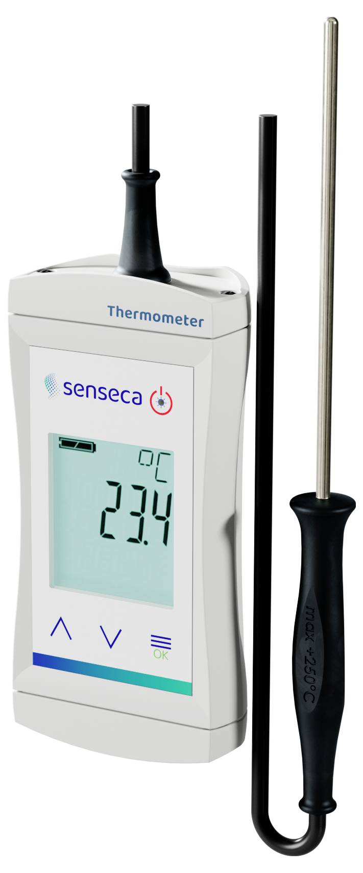 Elektronisk termometer med displayvisning på 23,4°C. Till vänster en metallsond med svart handtag.
