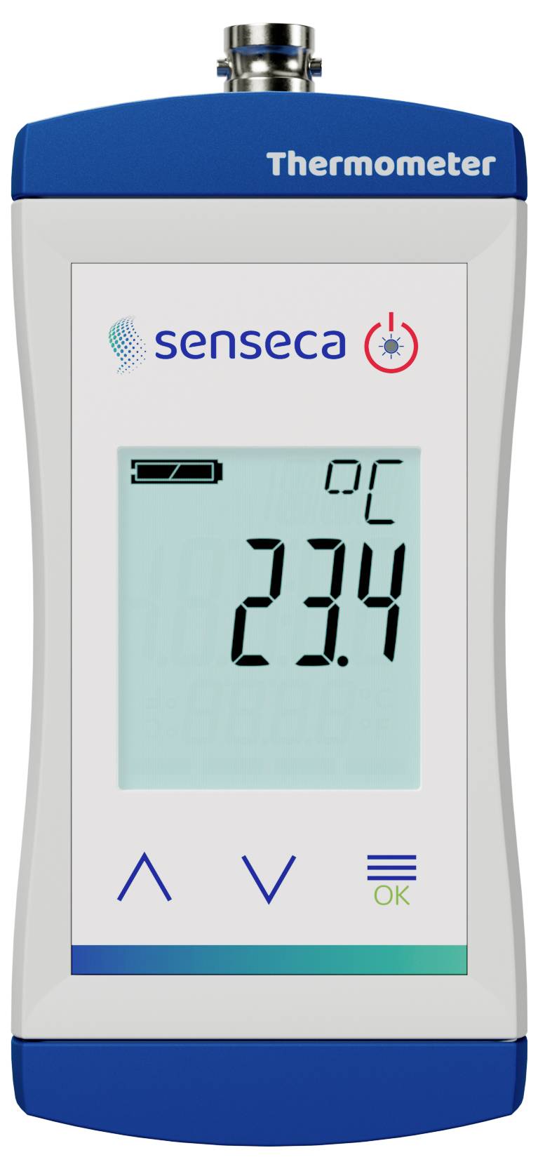 En handhållen digital termometer som visar temperaturen 23,4°C, med navigationsknappar under skärmen.