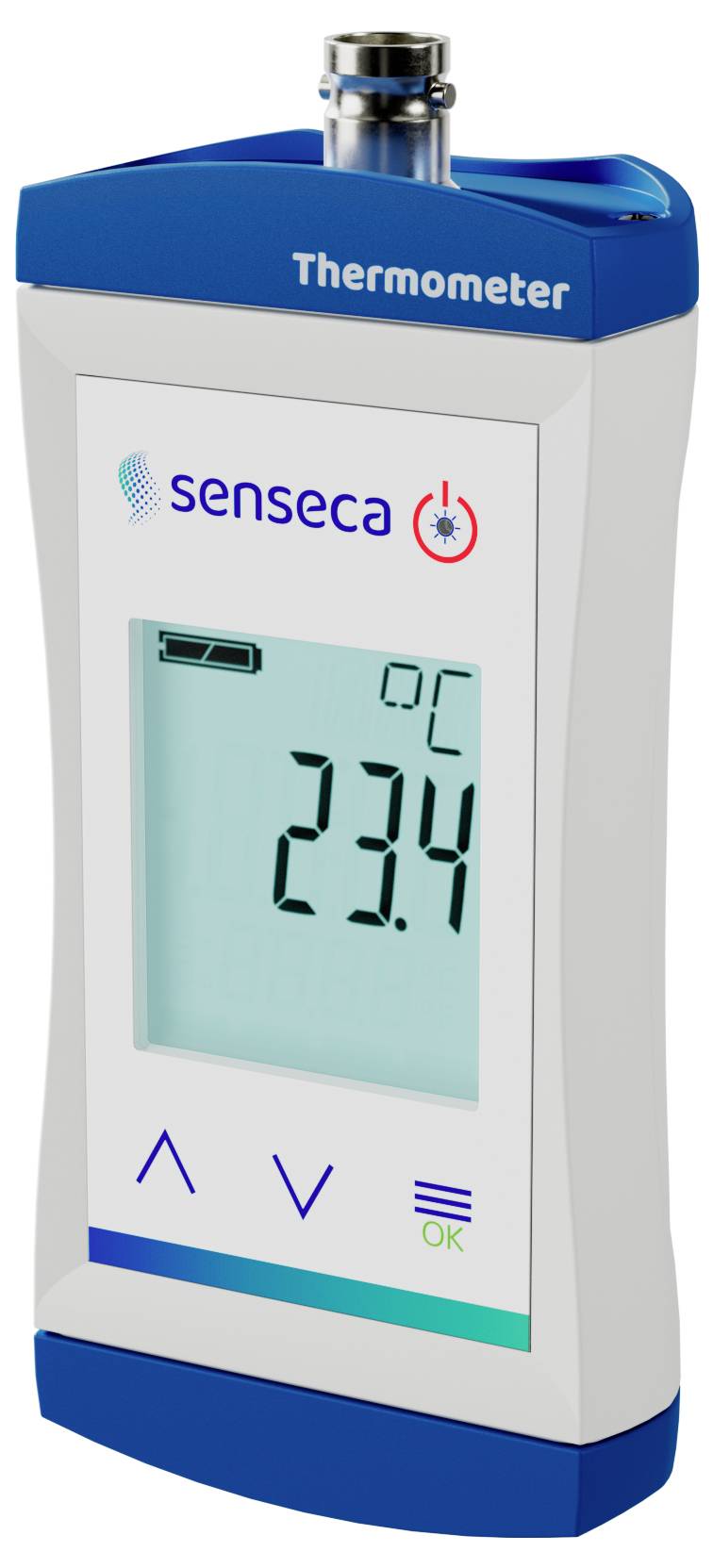 En digital termometer som visar '23,4°C' på skärmen, med varumärket 'senseca'.