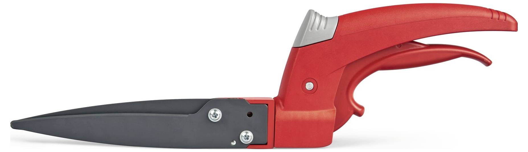 Röd, justerbar gräsklippare med svart blad och ergonomiskt handtag, visad från sidan.