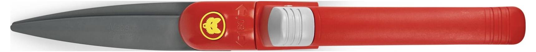 En röd trädgårdssax med en gul logotyp på skaftet, lämplig för precisionsklippning i trädgårdar och på balkonger.