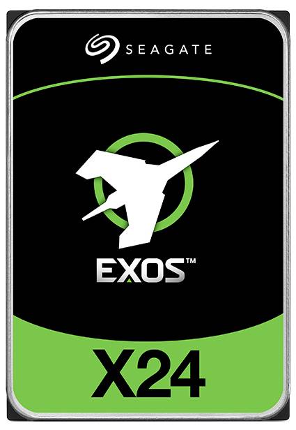 Seagate-hårddisk, modell 'Exos X24', svart och grönt design, logotyp med stiliserad figur och cirkel.