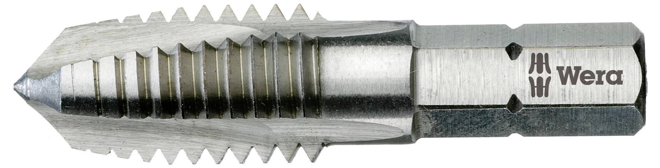 Borrmaskinshuvud med metallgänga och sexkantig bas, varumärke 'Wera'.