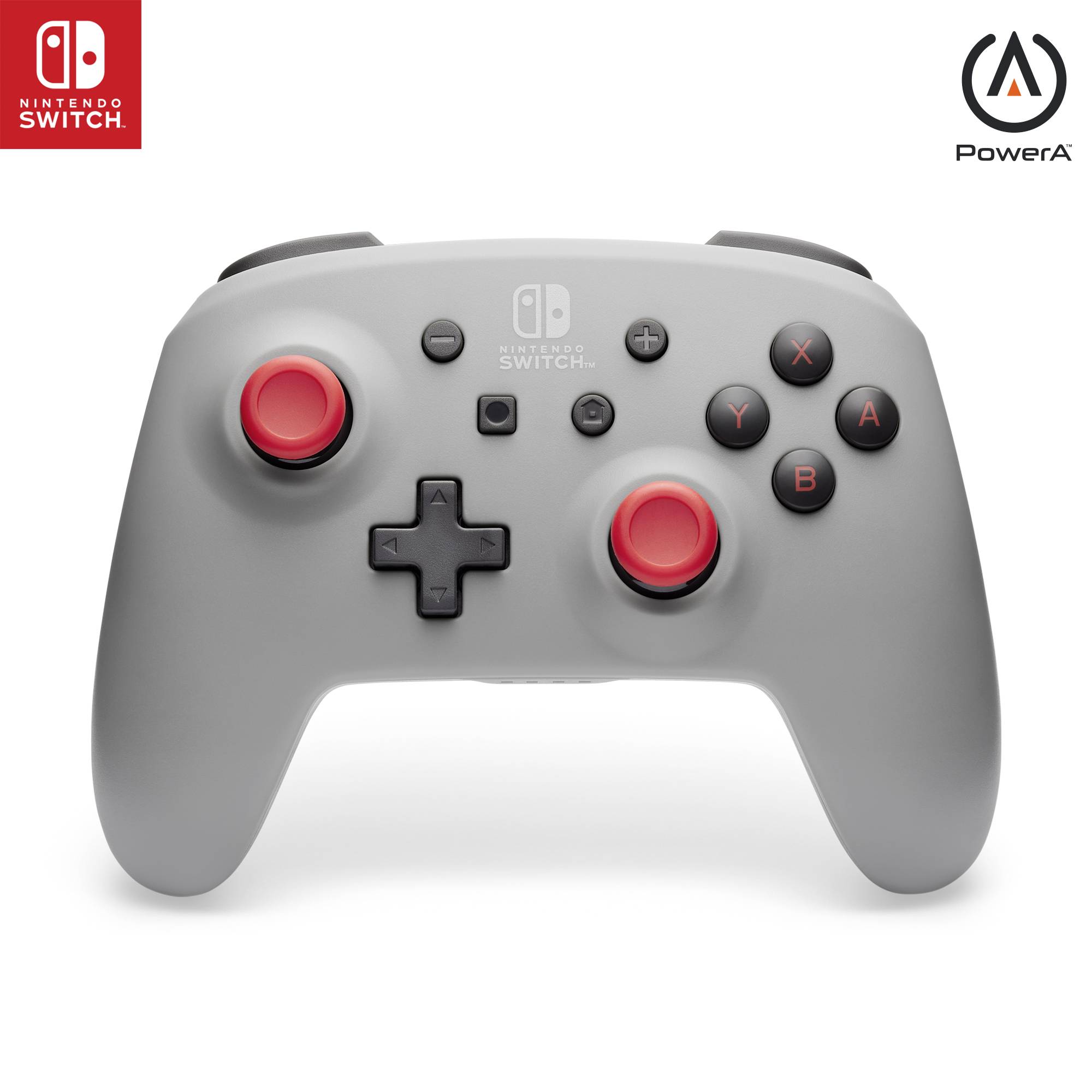 En grå Nintendo Switch-handkontroll från PowerA med röda styrspakar och knappar.