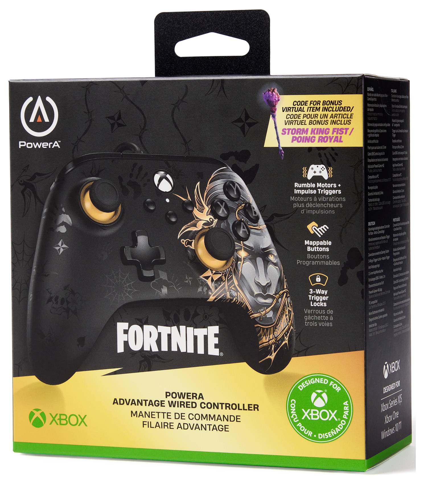 Förpackning för en kabelansluten PowerA Advantage Xbox-handkontroll med Fortnite-design, visar en avbildning av handkontrollen och varumärkeslogotyper.
