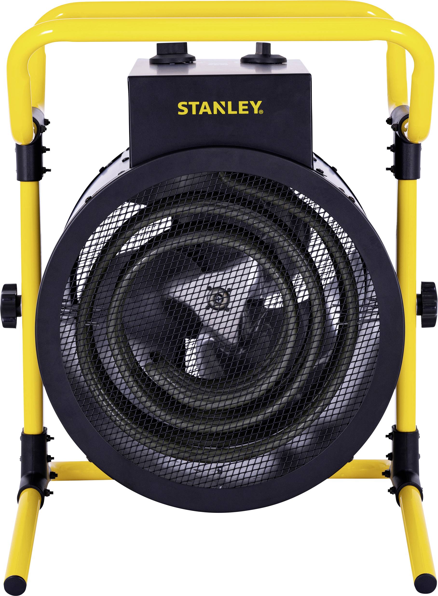 Gul och svart industriell fläktvärmare med synlig frontgaller och Stanley-logotyp överst. Monterad i en gul ram.