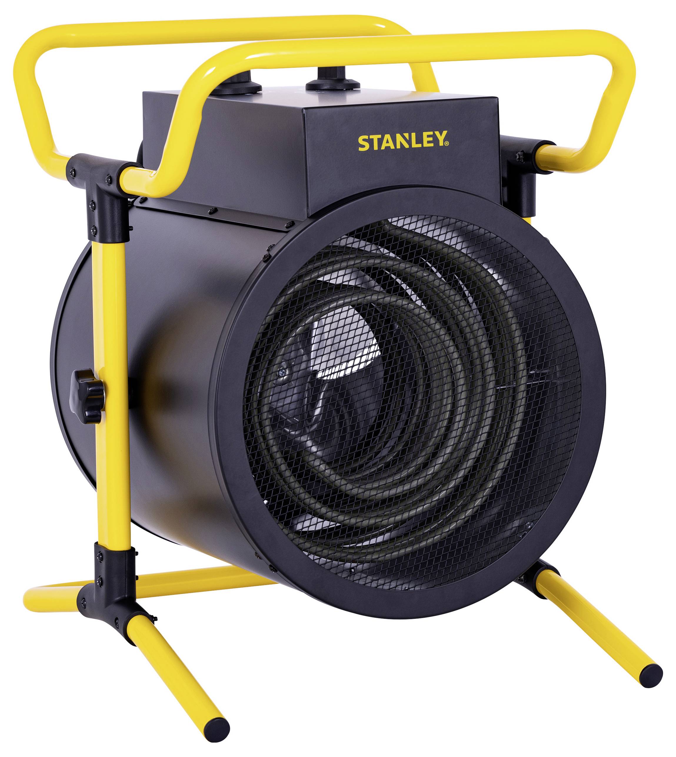 En portabel, cylindrisk gul och svart industriell fläkt med ett galler, märkt 'Stanley', avsedd för kraftfull ventilation.