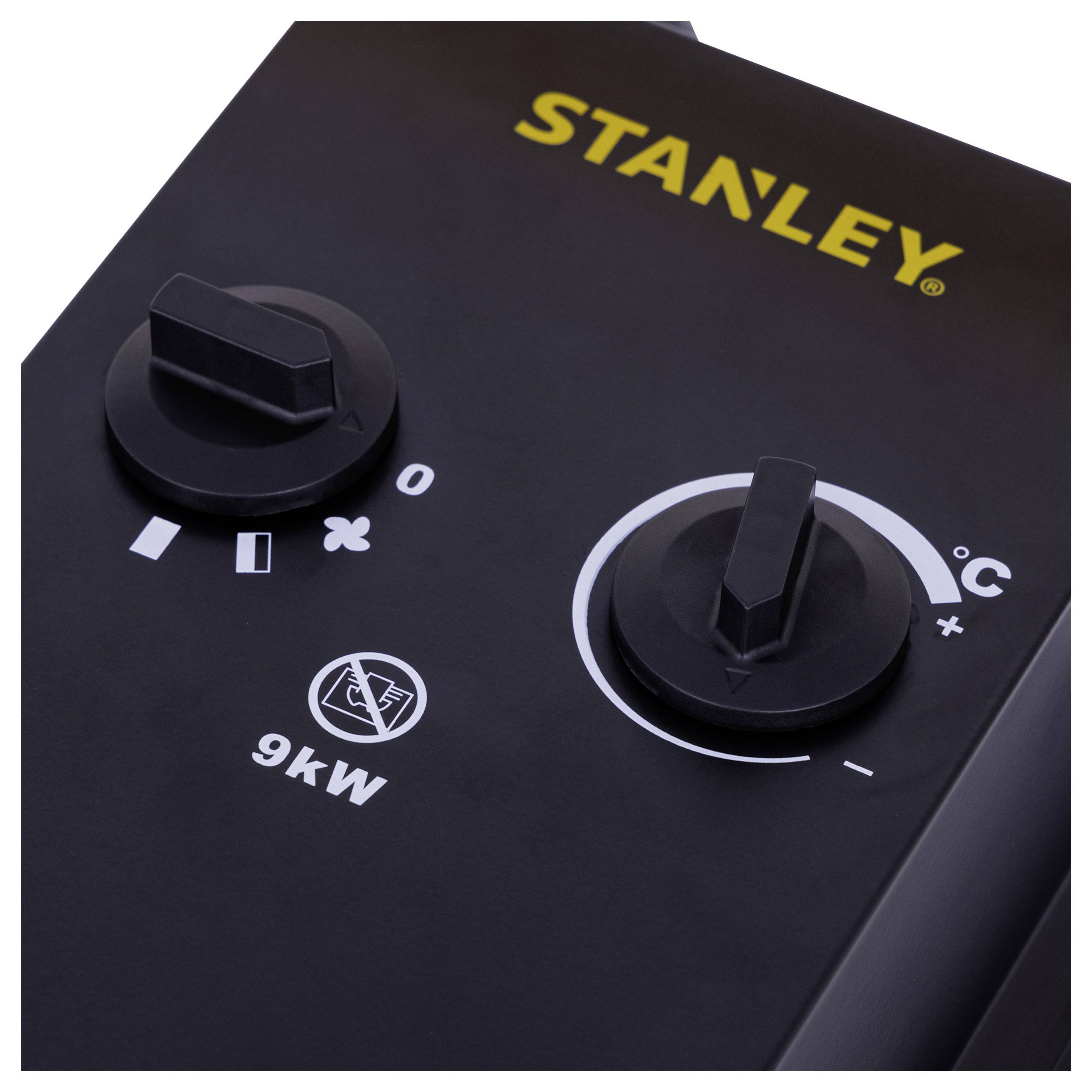 En närbild av en 'STANLEY'-märkt enhet med två cirkulära rattar som visar effektnivåer och temperaturkontroll, märkta med ikoner och en 9kW-etikett.