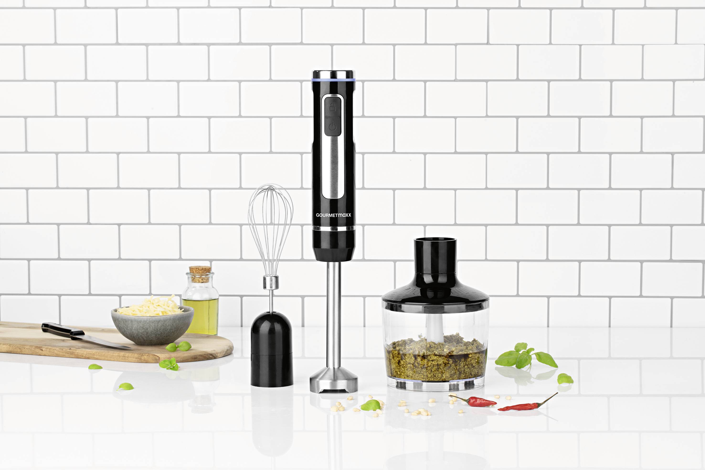 GourmetMaxx Stavmixer 200 W batteridriven, med hackare, Visp, inkl. mixer Svart, Silver-11