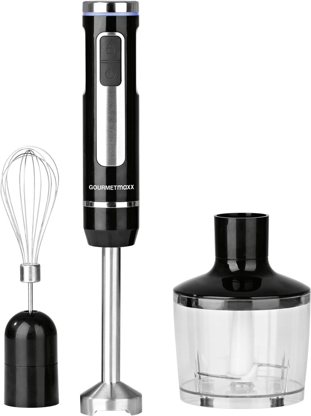 GourmetMaxx Stavmixer 200 W batteridriven, med hackare, Visp, inkl. mixer Svart, Silver-0