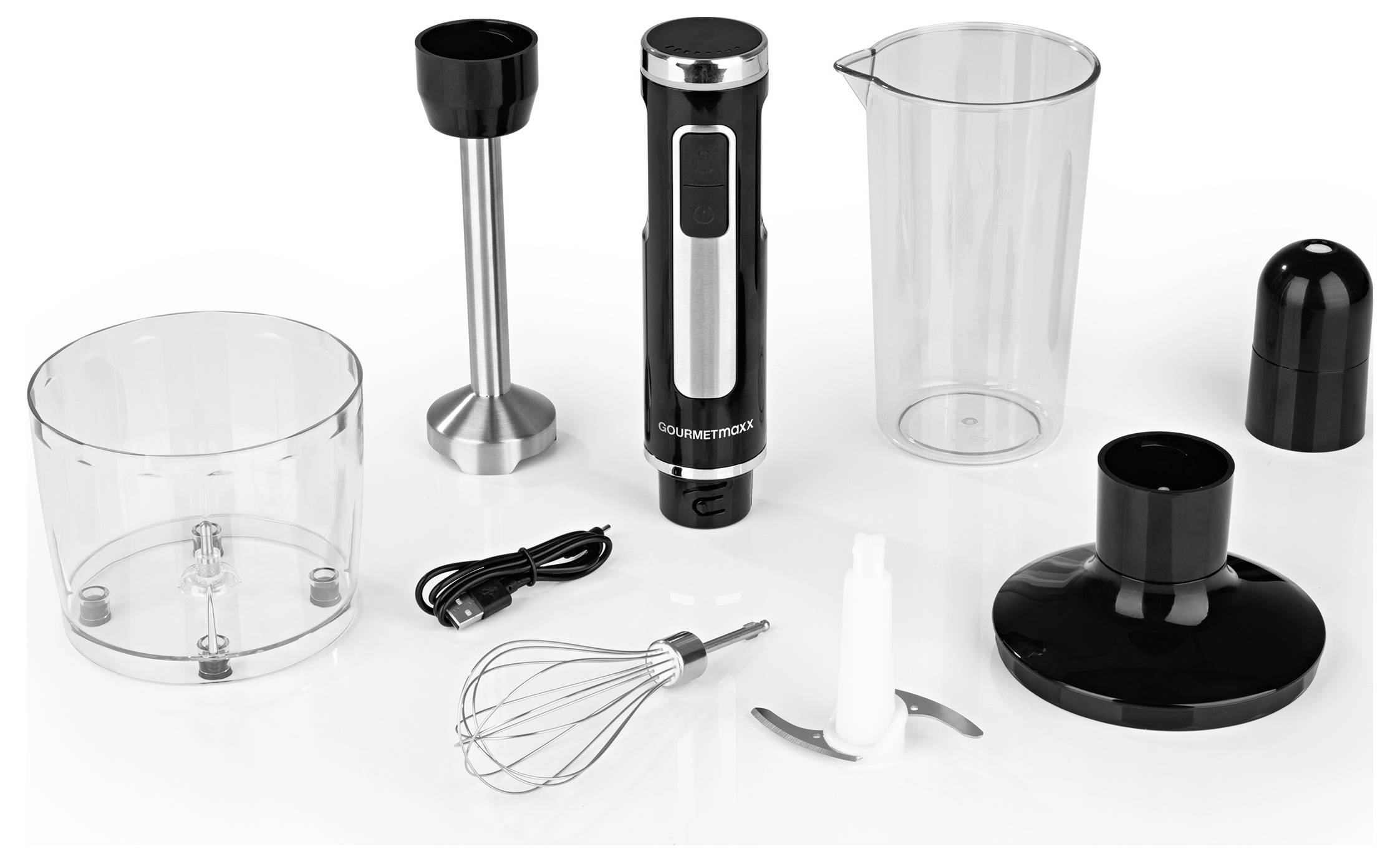 GourmetMaxx Stavmixer 200 W batteridriven, med hackare, Visp, inkl. mixer Svart, Silver-1