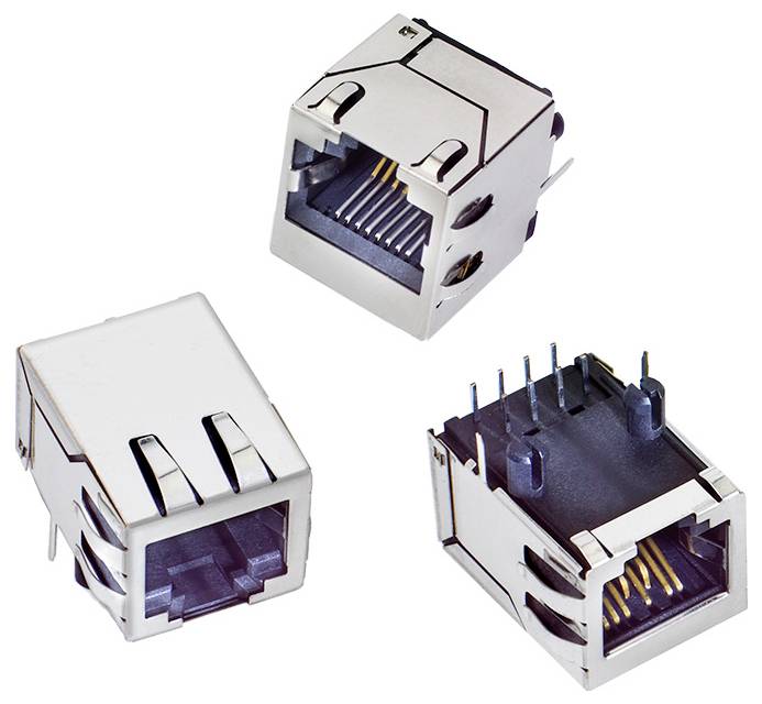 Tre metalliska RJ-45 Ethernet-anslutningsuttag, två visade från diagonala vinklar och en sedd framifrån.