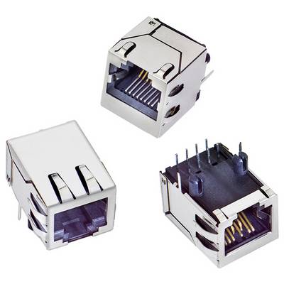 Tre metalliska RJ-45 Ethernet-anslutningsuttag, två visade från diagonala vinklar och en sedd framifrån.