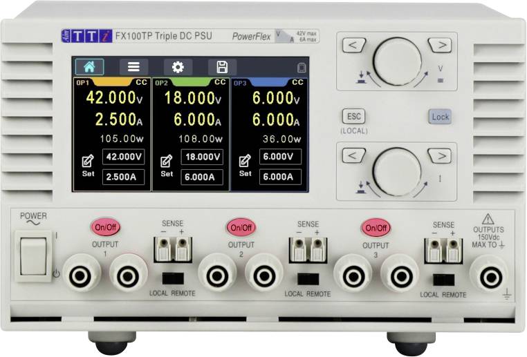 Elektronisk mätare med digitalt display som visar spänningsvärden för tre kanaler. Manöverpanel och anslutningar synliga på framsidan.