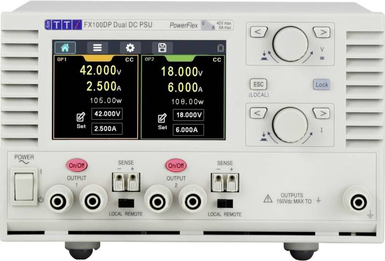 Elektroniskt mätinstrument med två digitala displayer. Vänster sida: 42V, 2,5A. Höger sida: 18V, 0,006A. Knappar och anslutningar nedtill.