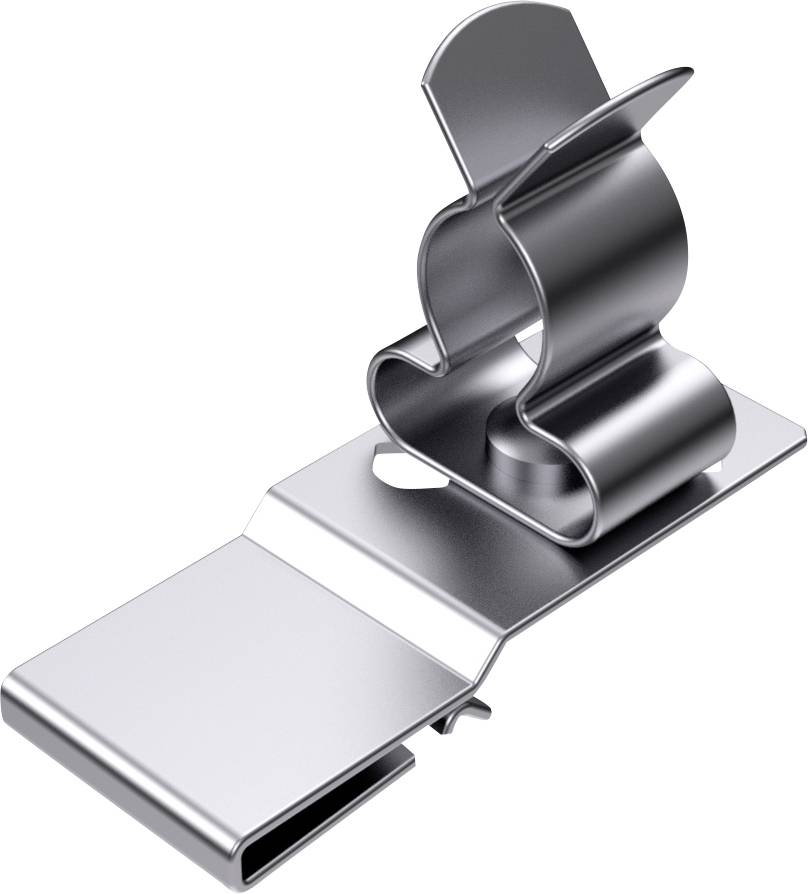 En silverfärgad metallklämma med en böjd hållare för att fästa dokument eller papper.