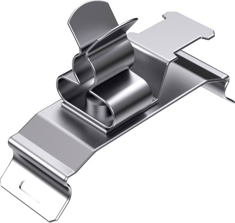Metallhållare med böjd klämdesign för fästning vid en yta. Huvudsakligen funktionell.