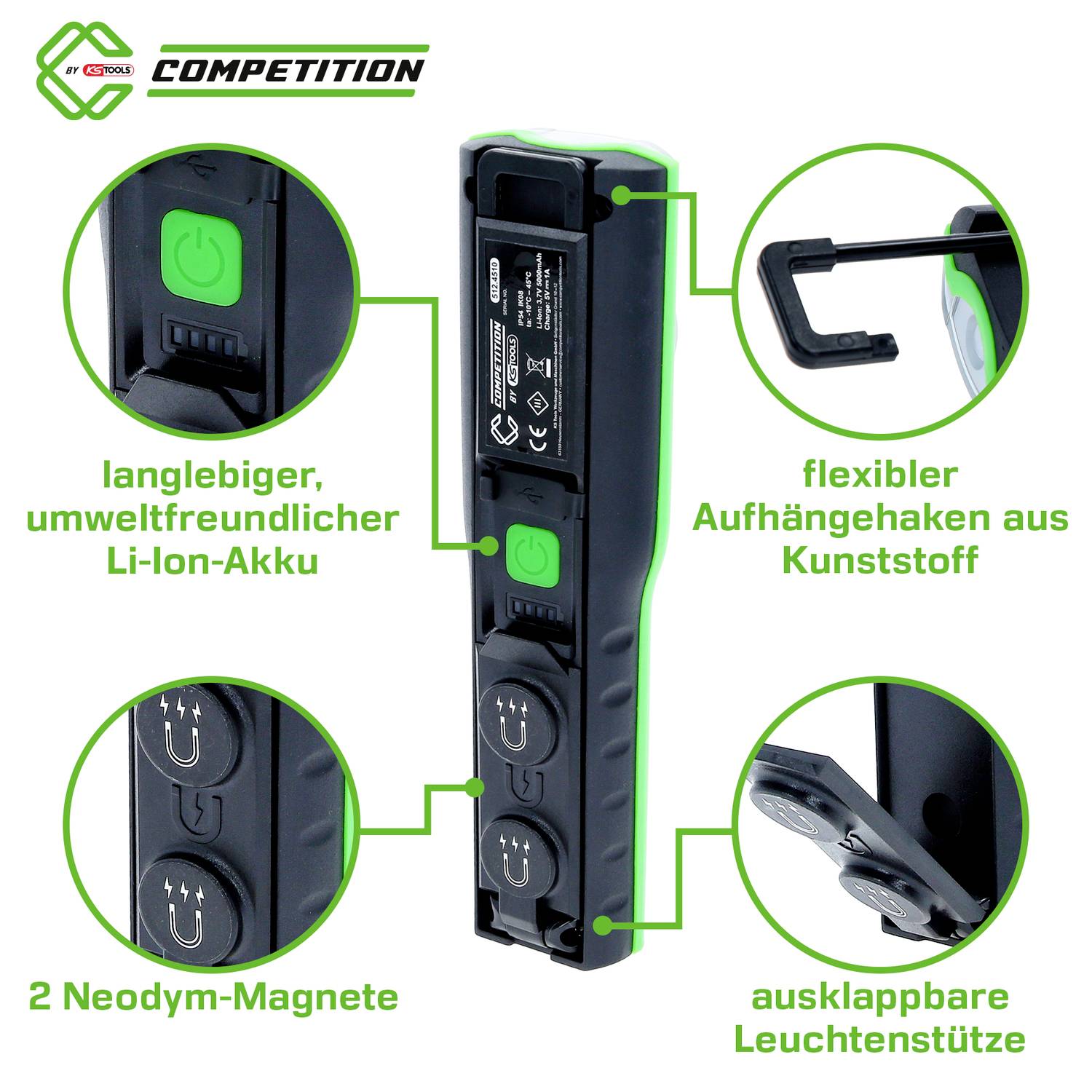 Grön ljusstav med långlivat Li-Ion-batteri, flexibel upphängningskrok, 2 neodymmagneter och utfällbart lampstöd.
