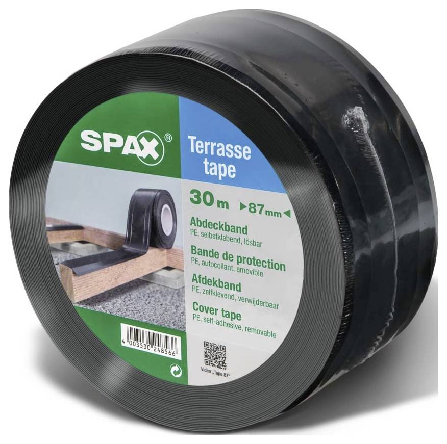 Rulle SPAX Terrassband, 30 m lång, 87 mm bred, självhäftande, på förpackningen står 'Täckband' på flera språk.