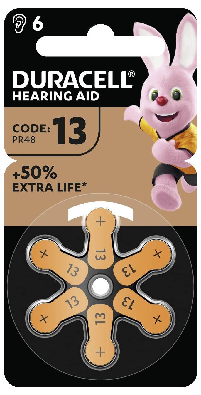 Duracell hörapparatbatterier, storlek 13, som erbjuder 50% längre livslängd, visade i förpackning med en rosa kanin-maskot.