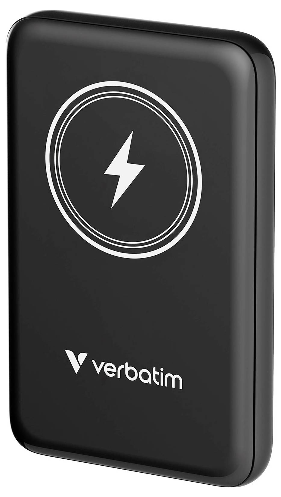 Svart, rektangulärt laddare från märket Verbatim med en vit blixtsymbol ovanpå.