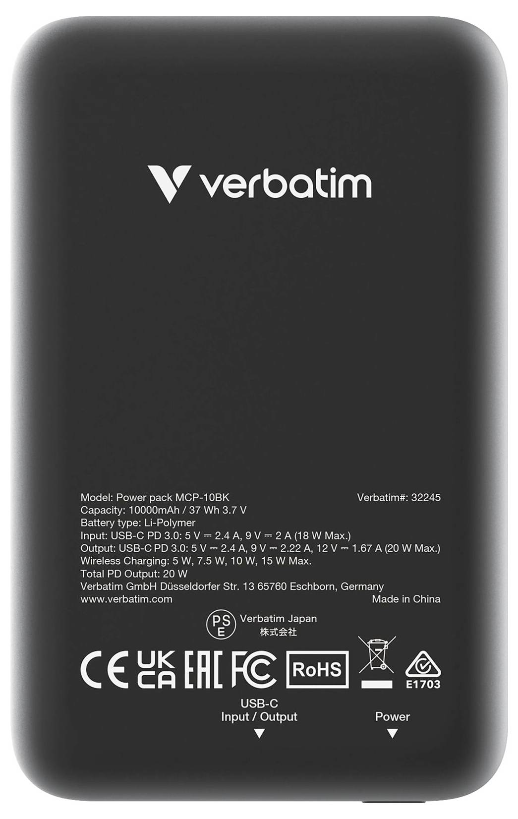 En svart powerbank från märket Verbatim med en kapacitet på 10 000 mAh. Modell och tekniska detaljer är tryckta på enheten.