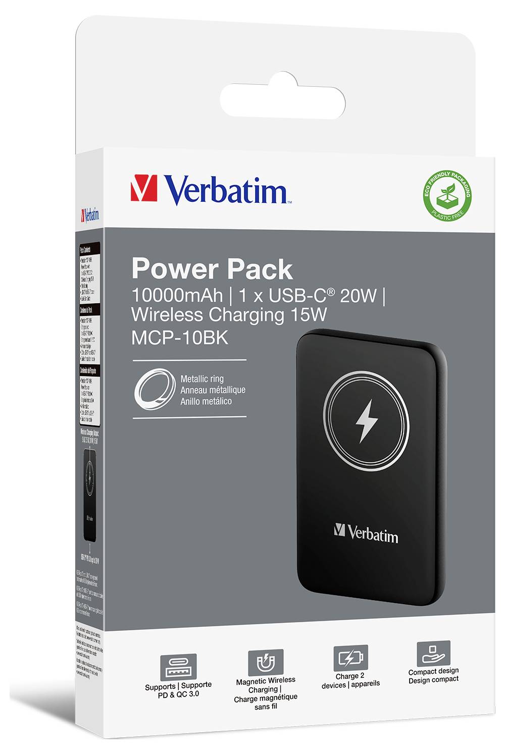 Verbatim Power Pack-förpackning: 10000mAh, 1 x USB-C 20W, trådlös laddning 15W, modell MCP-10BK. Innehåller magnetisk anslutning.