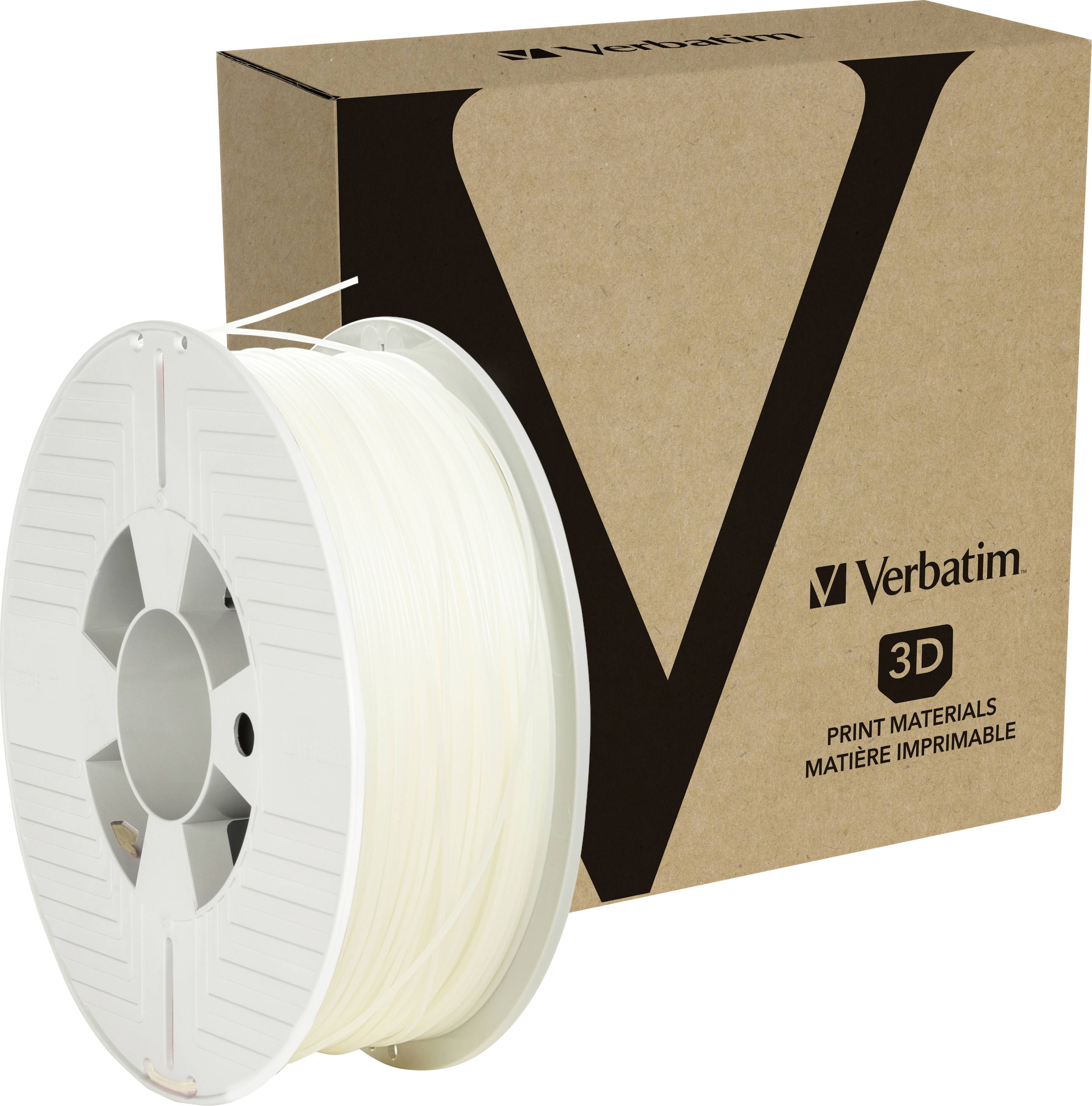 Låda med 'Verbatim 3D Print Materials' och en vit 3D-skrivarfilamentrulle, levererar förbrukningsmaterial för 3D-utskrift.
