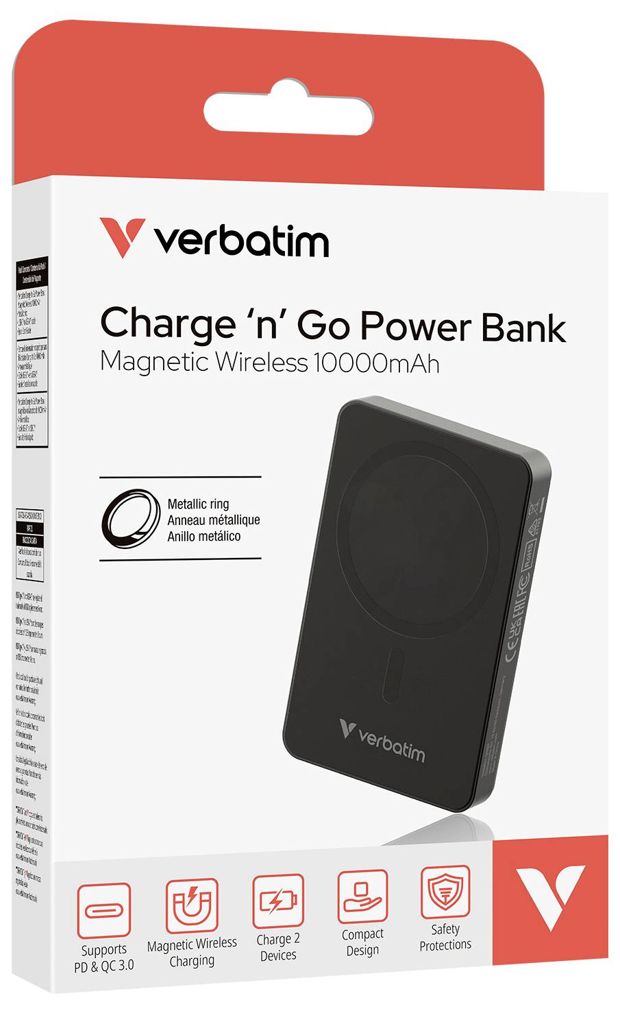 Förpackning för Verbatim Powerbank 'Charge 'n' Go' med 10000mAh, magnetisk trådlös laddning. Stöder PD & QC 3.0, laddar 2 enheter.
