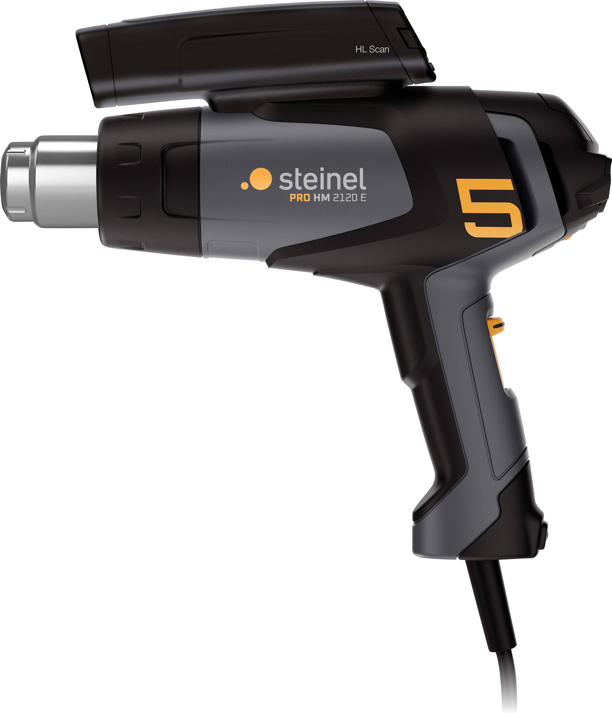 Varmluftpistol 'Steinel PRO HG 2120 E' med svart och grå design, utrustad med en digital display och temperaturreglering.