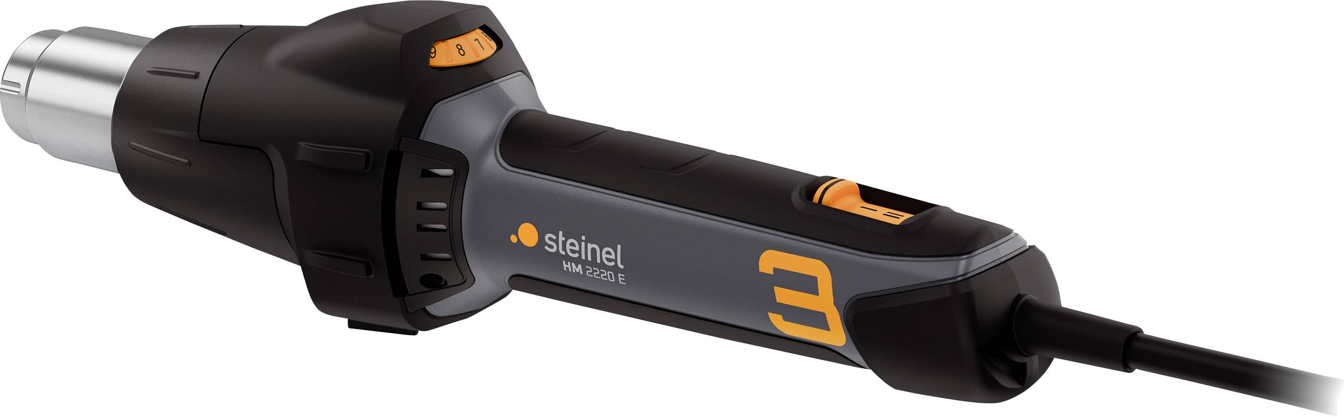 Bilden visar en svart värmepistol från Steinel med orange detaljer och en sladd.